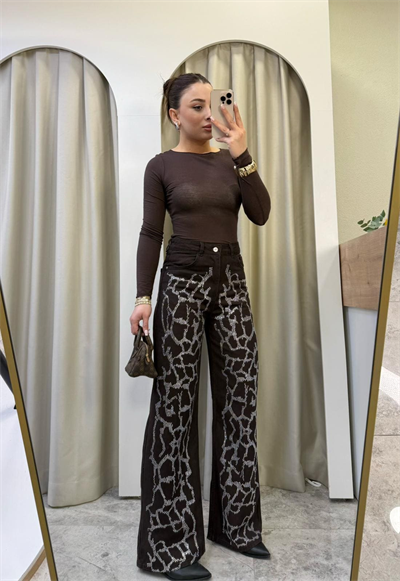 Strip Kahve Yüksek Bel Taşlı Jean