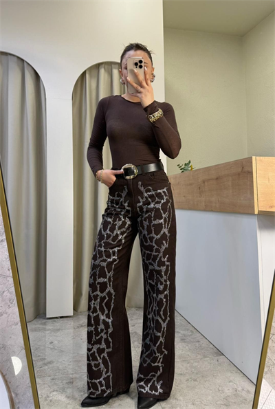 Strip Kahve Yüksek Bel Taşlı Jean