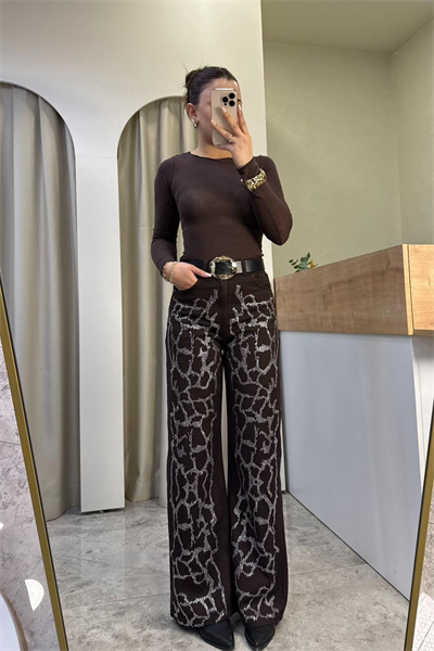 Strip Kahve Yüksek Bel Taşlı Jean