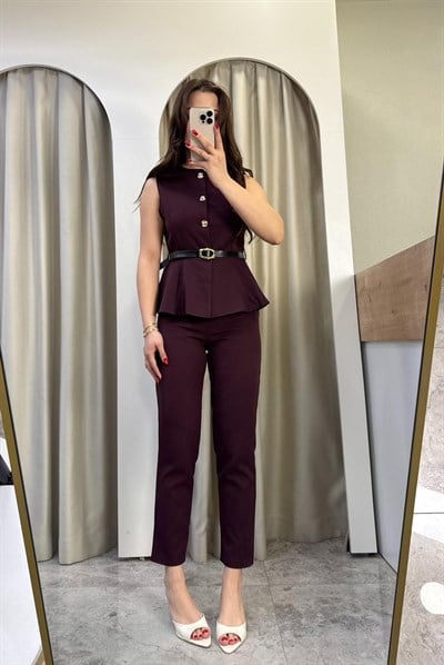 Swach Kemerli Yelekli Takım Bordo