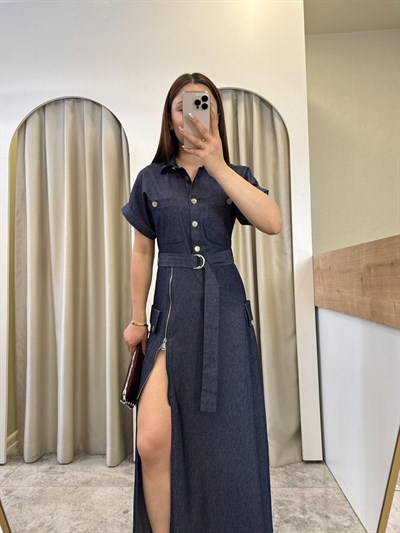 Tiamo Fermuar Detaylı Denim Yırtmaçlı Elbise