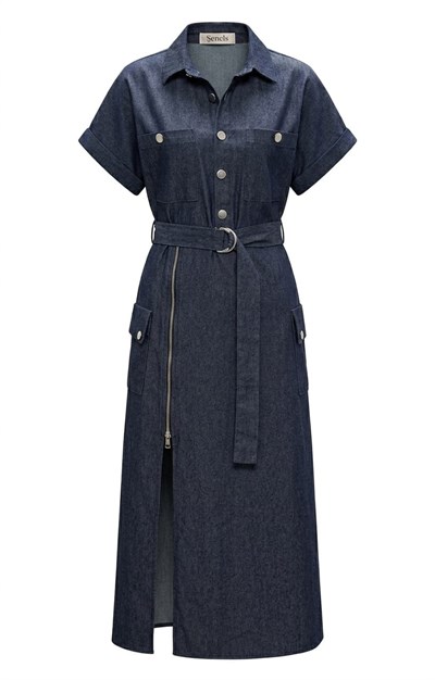 Tiamo Fermuar Detaylı Denim Yırtmaçlı Elbise