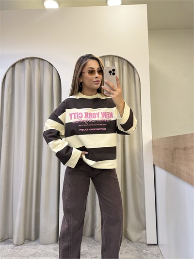 Valen Premium Seri Baskılı Çizgili Sweatshirt Sarı-Kahve