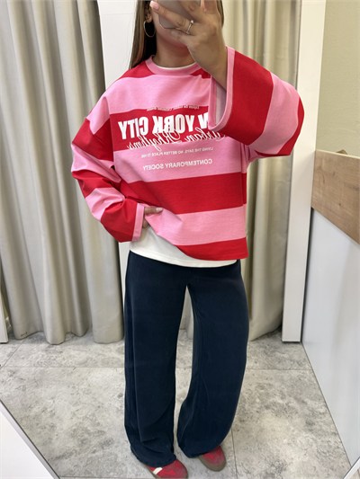 Valen Seri Baskılı Çizgili Sweatshirt Pembe-Kırmızı