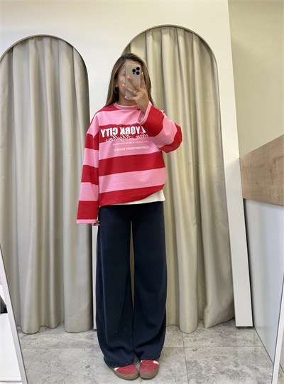 Valen Seri Baskılı Çizgili Sweatshirt Pembe-Kırmızı