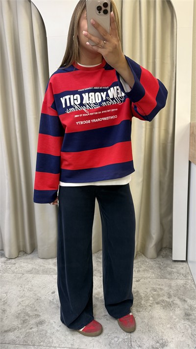 Valen Seri Baskılı Çizgili Sweatshirt Lacivert-Kırmızı