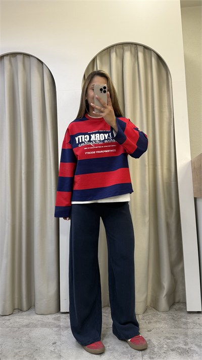 Valen Seri Baskılı Çizgili Sweatshirt Lacivert-Kırmızı