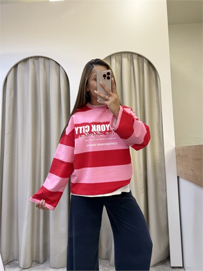 Valen Seri Baskılı Çizgili Sweatshirt Pembe-Kırmızı