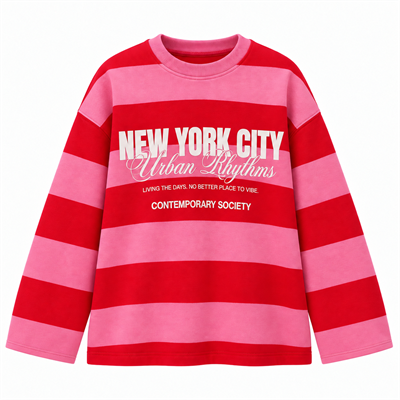 Valen Seri Baskılı Çizgili Sweatshirt Pembe-Kırmızı
