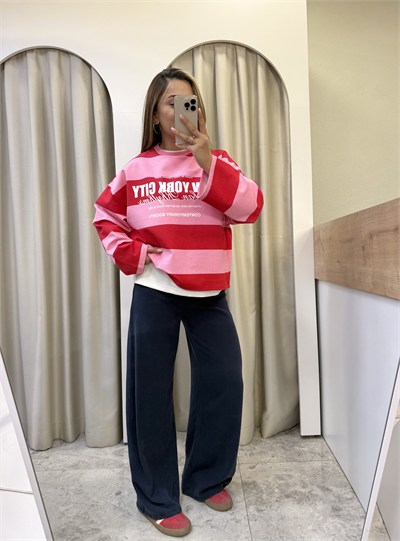 Valen Seri Baskılı Çizgili Sweatshirt Pembe-Kırmızı