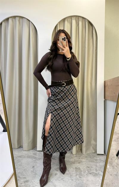 Valeria Süet Kemerli Yırtmaçlı Ekose Etek