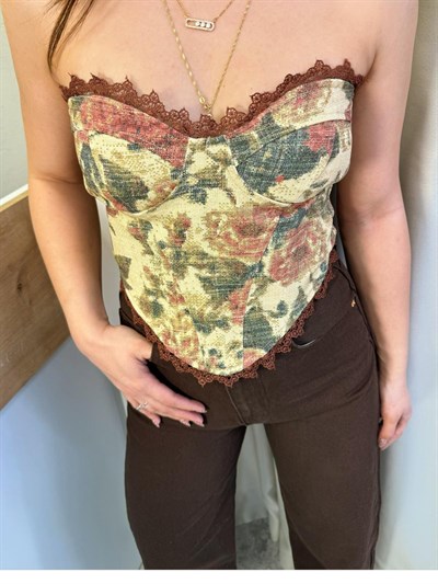 Velvet Vintage Çiçek Desenli Korse