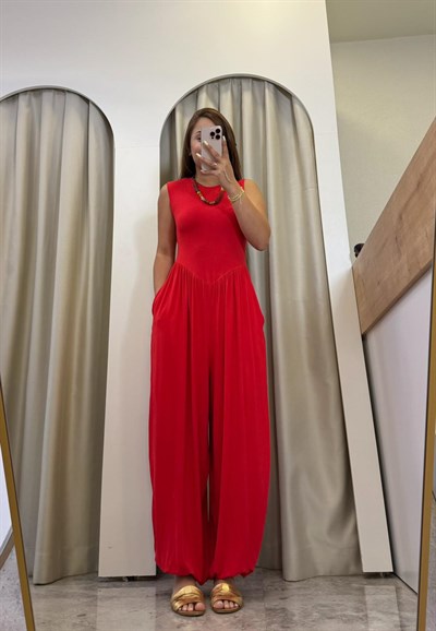 Vera Kırmızı Modal Kumaş Şalvar Tulum