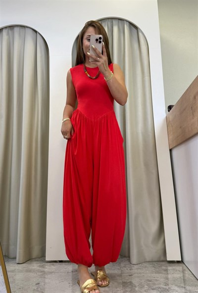 Vera Kırmızı Modal Kumaş Şalvar Tulum