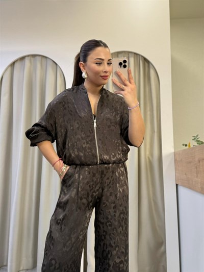 Vogue Kahve Jakarlı Saten Takım