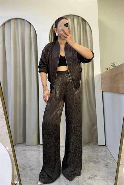 Vogue Kahve Jakarlı Saten Takım