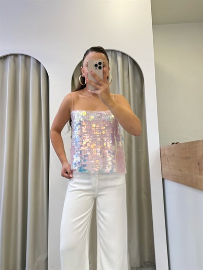 Wine Pembe Payetli İp Askılı Bluz