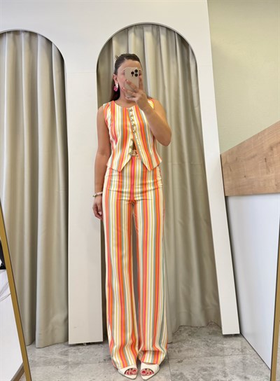 Wolen Renkli Çizgili Yelek Pantolon Takım