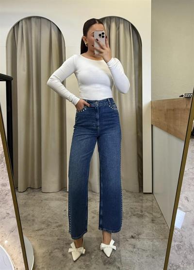 Yüksek Bel Flare Mavi Zımbalı Jean