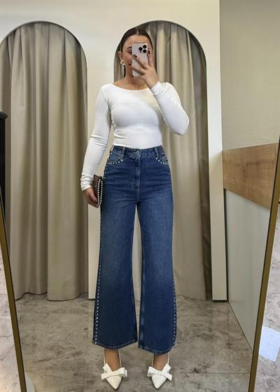 Yüksek Bel Flare Mavi Zımbalı Jean
