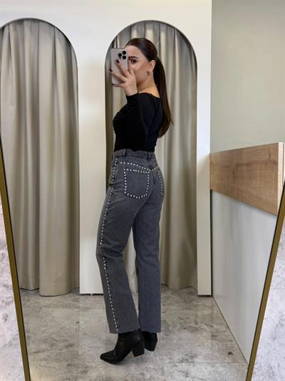 Yüksek Bel Füme Zımbalı Jean