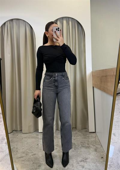 Yüksek Bel Füme Zımbalı Jean