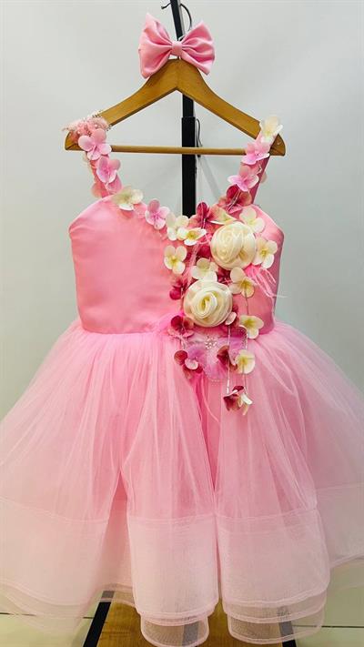 Pembe Çiçek Detaylı Kabarık Abiye