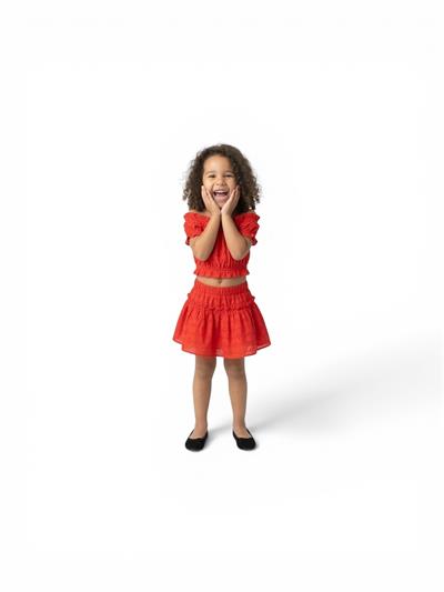 %100 Pamuk Brode Fisto İşlemeli Kız Çocuk Etek Bluz Takım - İçi Şortlu Etekli Takım Nar Çiçeği