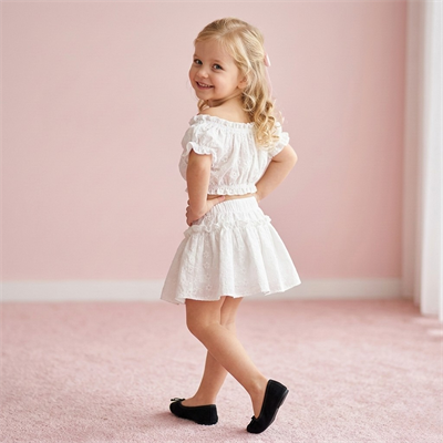 %100 Pamuk Brode Fisto İşlemeli Kız Çocuk Etek Bluz Takım - İçi Şortlu Etekli Takım Beyaz