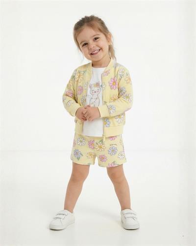 %100 Pamuk Papatya Desenli Sarı Kız Çocuk Şort