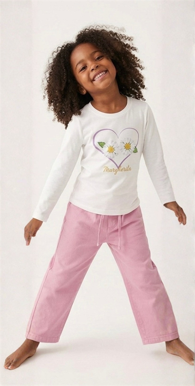 3–10 Yaş Pembe Marul Bel Model Lastikli Kız Çocuk Pantolonu