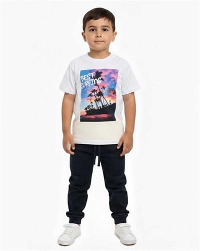 4–14 Yaş Erkek Çocuk Beyaz Sırt Baskılı T-Shirt