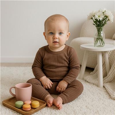3 Ay–2 Yaş Yumuşak Modal Kumaş Kahverengi Uzun Kol Bebek Body
