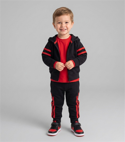 9 Ay–2 Yaş Bebek Kırmızı Şeritli Siyah Eşofman Takımı