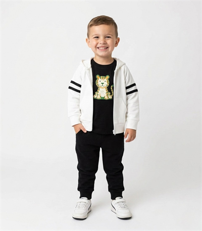 9 Ay–2 Yaş Bebek Siyah Şeritli Beyaz Eşofman Takımı