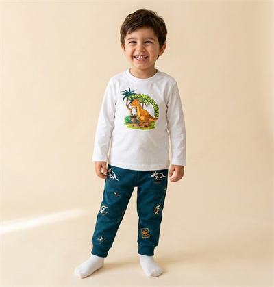 Beyaz Dinozor Baskılı Uzun Kollu Erkek Çocuk T-shirt