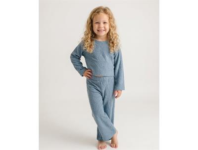 Kız Çocuk Mavi Yaprak Desenli Rahat Kalıp Havlu Kumaş Alt Üst İkili Takım