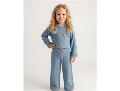 Kız Çocuk Mavi Yaprak Desenli Rahat Kalıp Havlu Kumaş Alt Üst İkili Takım