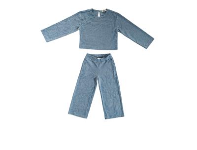 Kız Çocuk Mavi Yaprak Desenli Rahat Kalıp Havlu Kumaş Alt Üst İkili Takım