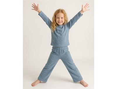 Kız Çocuk Mavi Yaprak Desenli Rahat Kalıp Havlu Kumaş Alt Üst İkili Takım