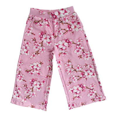 Pembe Çiçek Desenli Beli Lastikli Kız Çocuk Pantolon