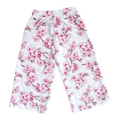 Pembe Çiçek Desenli Beli Lastikli Kız Çocuk Beyaz Pantolon