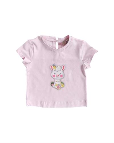 Pembe Lama Desenli Sevimli Kısa Kollu Kız Çocuk Tişört 9 Ay-5 Yaş