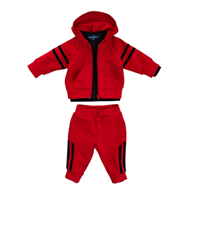 9 Ay–2 Yaş Bebek Siyah Şeritli Kırmızı Eşofman Takımı