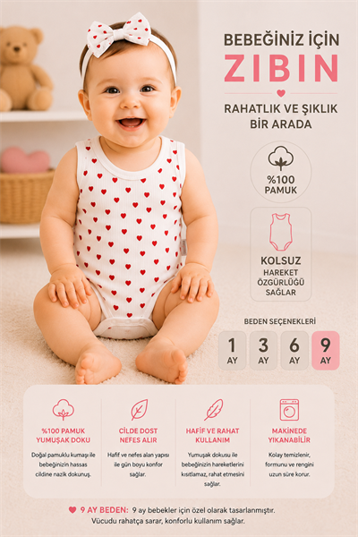 Kız Bebek Küçük Kalp Desenli Zıbın-Beyaz