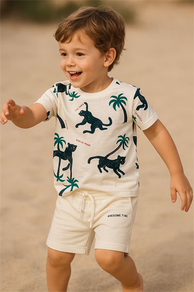 Tropik Hayvan Desenli Tshirt ve Şortlu Alt Üst Erkek Çocuk Takım