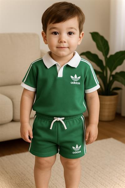 Yazı Detaylı Polo Yaka Tshirt ve Şort Alt Üst Erkek Çocuk Takım 