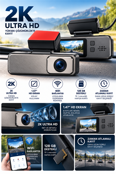 2K Ultra HD WiFi Araç Kamerası 1.47 İnç HD Ekran, Zaman Atlamalı Kayıt, Özel Araç Güç Bağlantı Seti