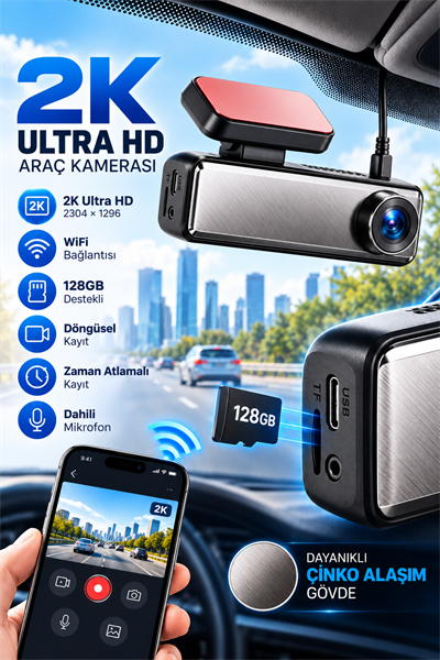 2K Ultra HD WiFi Araç Kamerası G-Sensörlü, Metal Gövde, 128 GB Destekli