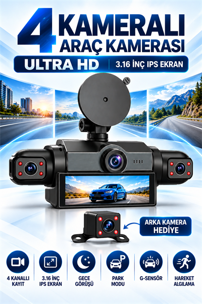 4 Kameralı Ultra HD Araç Kamerası 3.16 İnç Ekran Gece Görüşü G-Sensör Hareket Algılama Park Modu